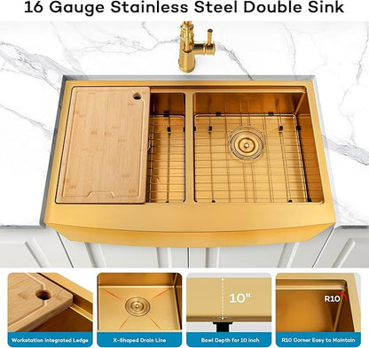 Gold Farmhouse Sink 33" X 20",Gold Kitchen Sink Double Bowl,33 inch Apron-Front Farmhouse Workstation Sinks,16 Gauge Stainless Steel Double Kitchen Sink