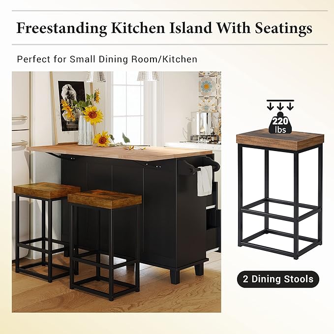 Kitchen Island Set with Drop Leaf and 2 Seatings, Dining Table Set with Storage Cabinet, Drawers and Towel Rack, Suitable for Kitchens, Dining Rooms (Black+Rustic Brown@d)