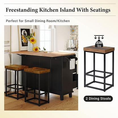 Kitchen Island Set with Drop Leaf and 2 Seatings, Dining Table Set with Storage Cabinet, Drawers and Towel Rack, Suitable for Kitchens, Dining Rooms (Black+Rustic Brown@d)