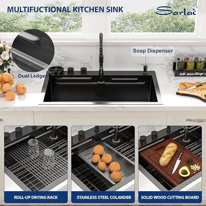 Sarlai Waterfall Kitchen Sink 30 Inch Black Drop In Kitchen Sink Topmount 16 Gauge Stainless Steel 30x22 Inch Single Bowl Multifuction Workstation Top Mount Sinks with Double Knob