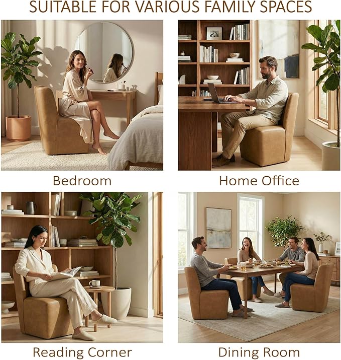 KISLOT Upholstered Dining Chairs Set of 4 with Casters, Wingback Modern Side Armless Deskchair with Rollers for Diningroom Bedroom Livingroom Reading Room, Brown Faux Leather
