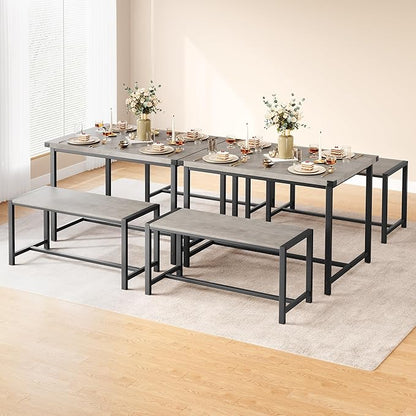 CABIHOME Dining Table and 2 Benches with Corner Protector, Dining Table Set for 4 with 2 Benches, Kitchen Table Set for 4-6 with H-Shaped Frame for Small Space, Kitchen, Apartment, Rustic Gray