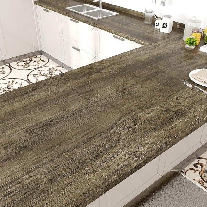 WESTICK Brown Wood Peel and Stick Countertop Wallpaper Waterproof Wood Contact Paper 15.8" x 196" Self Adhesive Removable Wooden Grain Vinyl Wrap for Dining Tables Kitchen Cabinets Bathroom Sink