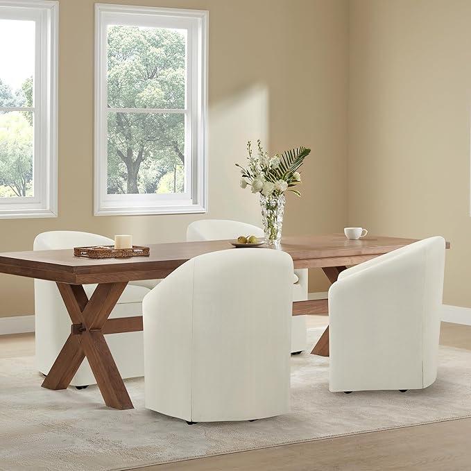 KISLOT Upholstered Dining Chairs with Casters, Washable Cover Modern Dining Room Chairs with Barrel Backrest & Dual Armrest for Kitchen, Living Room, Bedroom, Linen Fabric, 2PCS