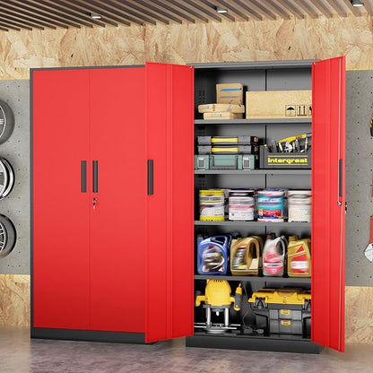 INTERGREAT Metal Storage Cabinet, 72" Locking Steel Cabinets with 2 Door and 4 Adjustable Shelves, Tall Metal Cabinet for Home Office, Garage, Warehouse,(Black+Red)