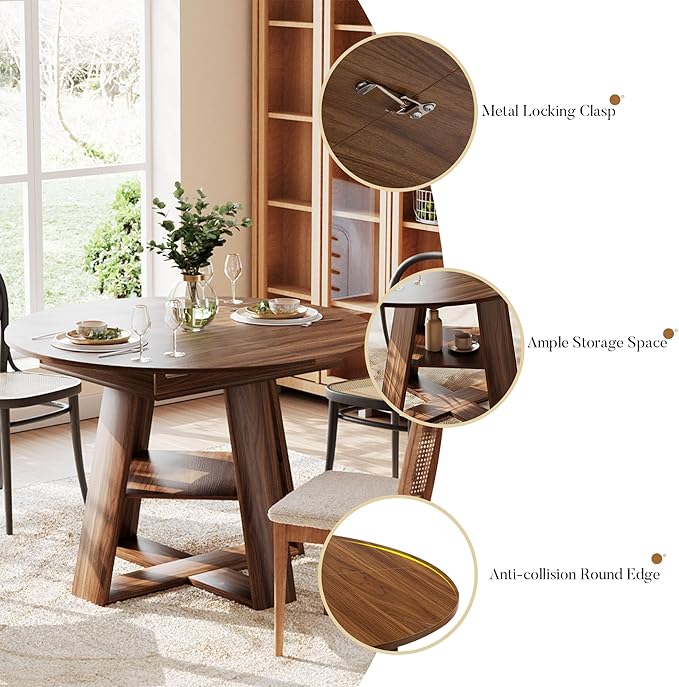 COSIEST 43.3in-59in Extendable Round Dining Table for 4-8 People, Modern Oval Kitchen Table with Storage Shelf & Removable Leaves, Space Saving Wood Dinner Table for Kitchen Living Room(Walnut)