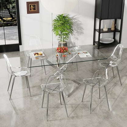 63" Modern Rectangular Glass Dining Table for 4-6, Contemporary Dining Room Table with Tempered Glass Top & Silver Finish Stainless Steel Legs for Kitchen, Home, Dining Room