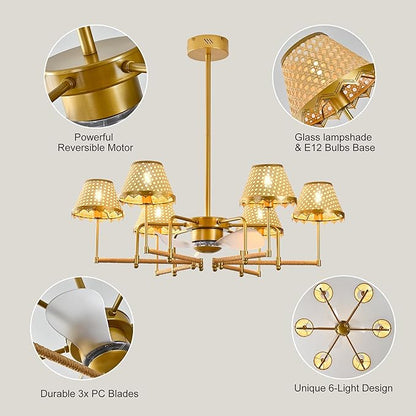 Garwarm 37.4" Ceiling Fans with Lights,Chandelier Ceiling Fan Boho Rattan Fandelier Ceiling Fan with Lights Remote Control for Kitchen Island Dining Living Room