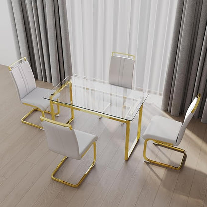 Goujxcy Glass Dining Table Modern 51'' Rectangle Kitchen Table for 4 with Tempered Glass Tabletop and Metal Legs for Kitchen, Dining Room, Restaurants (Gold)