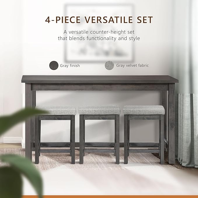Lexicon 4-Piece Counter Height Table with 3 Stools, Wood Kitchen Counter Table Set with 2 Built-in USB Ports, 2 Charging A/C Power Outlets, Console Drawer, Upholstered Bar Stools, Gray