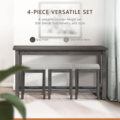 Lexicon 4-Piece Counter Height Table with 3 Stools, Wood Kitchen Counter Table Set with 2 Built-in USB Ports, 2 Charging A/C Power Outlets, Console Drawer, Upholstered Bar Stools, Gray