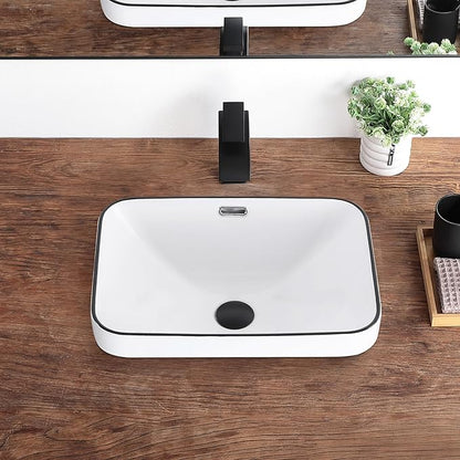 Bathroom Vessel Sink 18.2'' x 13.3'' Small Semi Recessed Bathroom Sink Rectangular Drop In Sink with Overflow White with Black Trim Ceramic Modern Vessel Sinks for Bathroom