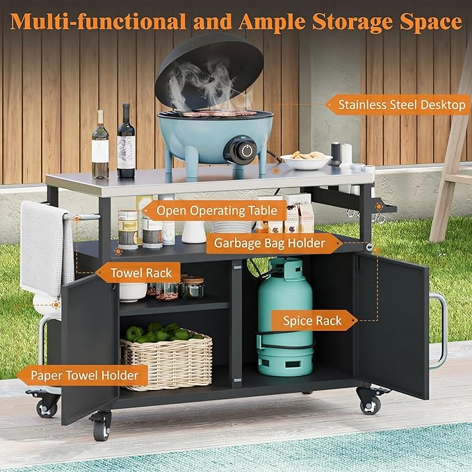 Casaphoria 54.5" Outdoor Kitchen Island, Stainless Steel Countertop BBQ Grill Cart Bar Cart with Storage Cabinet, Spice Rack, Towel Holder, 4 Lockable Wheels Bar Carts for Patio Lawn Garden BBQ