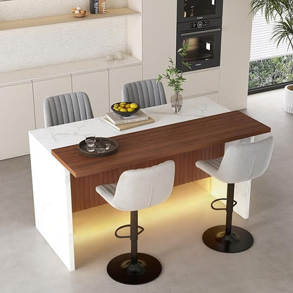 63" Modern Kitchen Island with Marble-Look Surface with 2/4 Bar Stools, Island Table with LED Lights, for Kitchen,Dining Room, Bar, Office, Living Room (White+4Grey)