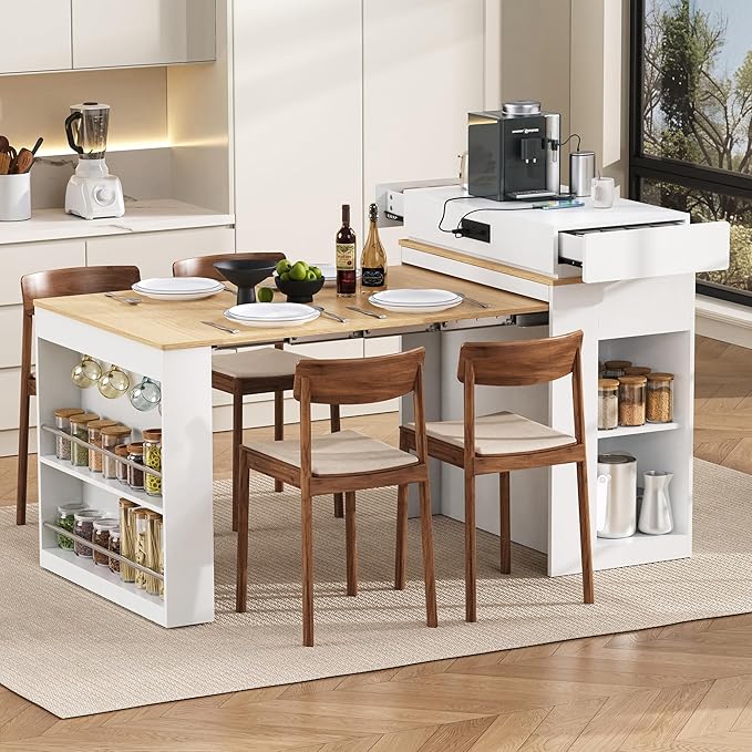 Extendable Dining Table with Folding Tabletop, Bar Table with Drawers and Power Outlet, Kitchen Island with Wheels and Hooks for Kitchen, Dining Room, Creamy White+Natural