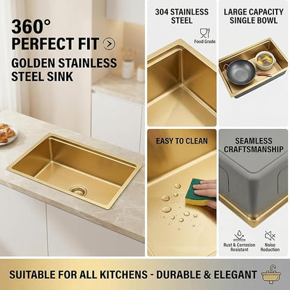MILOSEN 30 Inch Gold Undermount Kitchen Sink, 30" x 18" Gold Stainless Steel Sinks, Single Bowl Workstation Sink with Custom Accessories, Modern Under Counter Design, 9'' Large and Deep Kitchen Sinks