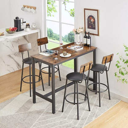 VIRITURE 5 Piece High Top Table Set Kitchen Bar Table and Bar stools Set for 4, Island Dining Table and Tall barstools,Counter Height Pub Small Table Set, Industrial, Rustic Brown (5PCS)