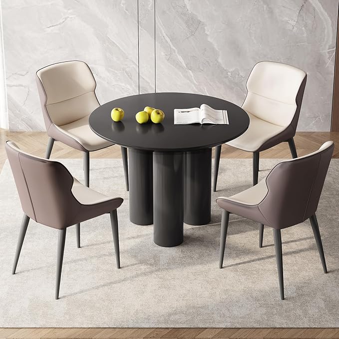 Miuuod 5 Pieces 39.37" Black Round Dining Table and 4 Upholstered Chairs for 4-6 Person, MDF Table-top, Light Velvet Chairs with Black Metal Leg for Kitchen, Reception Room,Round Coffee Table Set