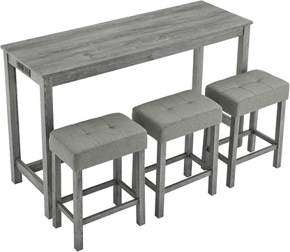 59 inch Bar Table and Chairs Set with with Power Outlet, Industrial Hight Counter Height Bar Table with 3 Upholstered Stools,4 Pieces Space-Save Breakfast Table Set for Kitchen Dining Room Cafe(Grey)