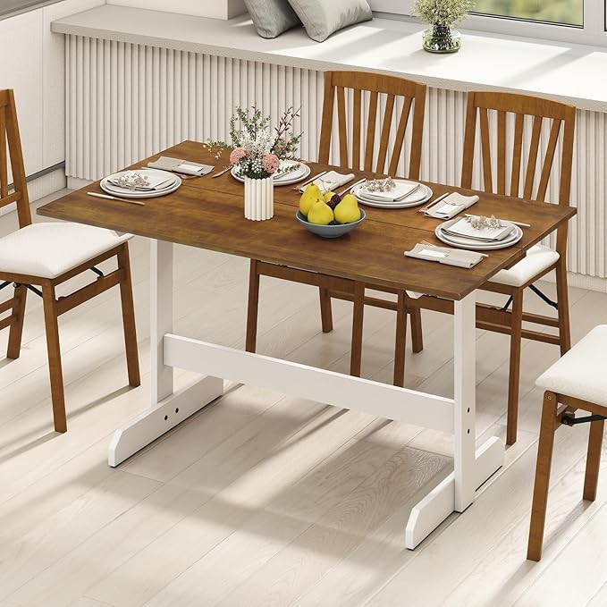 Giantex 55" Dining Table for 4-6, Farmhouse Kitchen Table with H-Shaped Rubber Wood Leg, Adjustable Foot Pads, Rectangular Wood Dinner Tables for Dining Room, Home Office, Living Room, Dinette