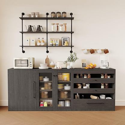 3-Tier Industrial Pipe Floating Shelf – Rustic 60 inch Wood Wall-Mounted Storage Shelf for Kitchen Office,Bathroom & Home Decor -Black