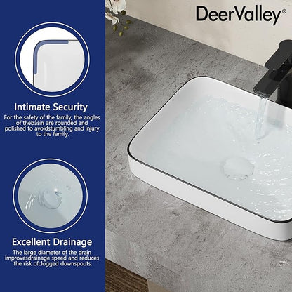 DeerValley Liberty 15.94x12.01 Inch Semi-Recessed Bathroom Vessel Sink, White Ceramic Rectangular Sink with Black Rim, Model DV-1V0347