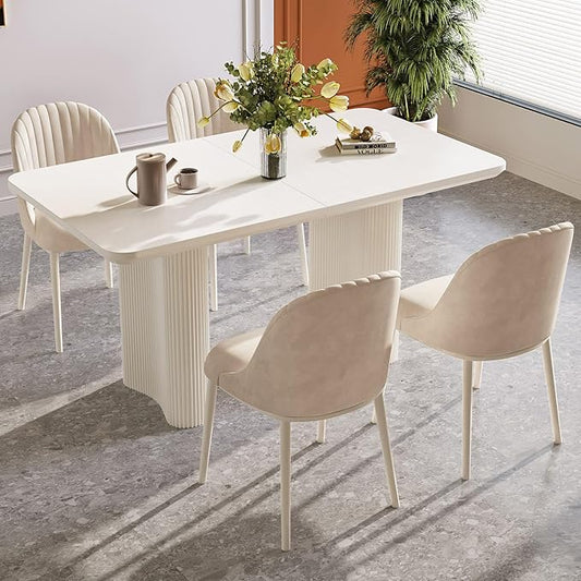 Miuuod 55 Inch Dining Table Set for 4, Cream White Rectangular Kitchen Table with Double Pedestal Base and 4 Upholstered Chairs, Thick Tabletop Modern Dining Room Furniture for Small Spaces