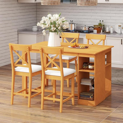 Solid Wood Counter Height Dining Set, 60" L x 30" W Farmhouse Kitchen Table with Open Shelves, 5 Piece Bar Height Dining Table Set with Padded Cross Back Chairs for Kitchen