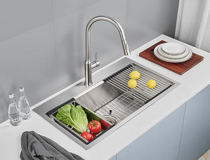 MENATT 32 Inch Drop In Kitchen Workstation Sink, 18 Gauge Stainless Steel Single Bowl Single Faucet Hole Topmount Kitchen Sink with Integrated Ledge (Bruhsed),32"x18"x9"