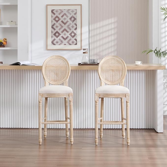 French Country Bar Chairs Set of 2, 30 Inch Upholstered Counter Stools with Natural Rattan Round Back, Solid Wood Frame & Cotton Linen for Kitchen Island, Dining Room, Bistro, Beige