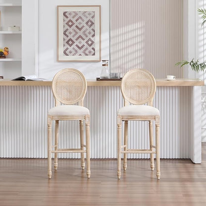 French Country Bar Chairs Set of 2, 30 Inch Upholstered Counter Stools with Natural Rattan Round Back, Solid Wood Frame & Cotton Linen for Kitchen Island, Dining Room, Bistro, Beige