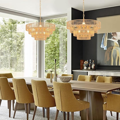 6-Lights Hand-Woven Rattan Pendant Light 4 Round Transitional Minimalist Boho Large Pendant Light for Kitchen Island Dining Room Living Room Hallway, Dia 20 Inch, UL Listed