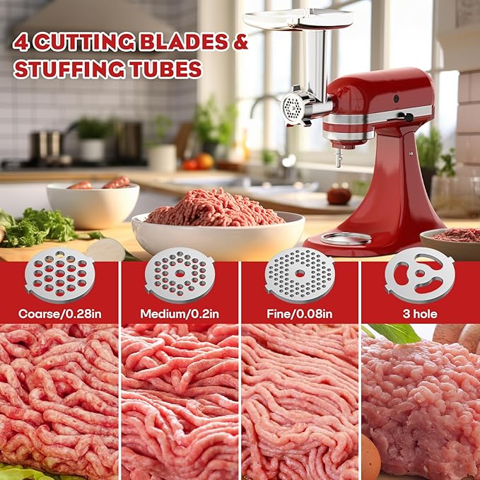 Meat Grinder & Slicer Shredder Attachments for KitchenAid Stand Mixer, Metal Meat Grinder with Sausage Stuffer Tubes, Cheese Grater, 2 Pcs Attachment Set for KitchenAid Mixers