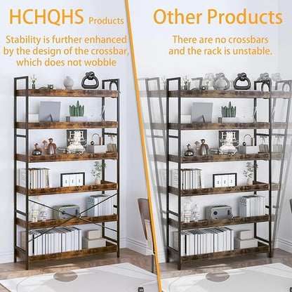 HCHQHS Bookshelf, Adjustable Industrial Bookcase, Vertical Tall Book Shelf, Wood and Black Metal Open Bookshelves for Home Office, Living Room, Bedroom (Rustic Brown, 6-Tier (31" W x 70" H))