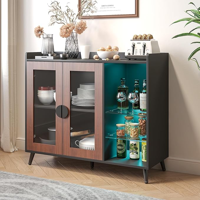 HedoAjim Sideboard Buffet Cabinet with Storage, Farmhouse Buffet Table Coffee Bar Storage Cabinet with 4 Doors, 3 Drawers and Shelves, Sideboard for Dining Room Kitchen (Brown)