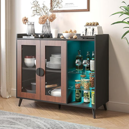 HedoAjim Sideboard Buffet Cabinet with Storage, Farmhouse Buffet Table Coffee Bar Storage Cabinet with 4 Doors, 3 Drawers and Shelves, Sideboard for Dining Room Kitchen (Brown)