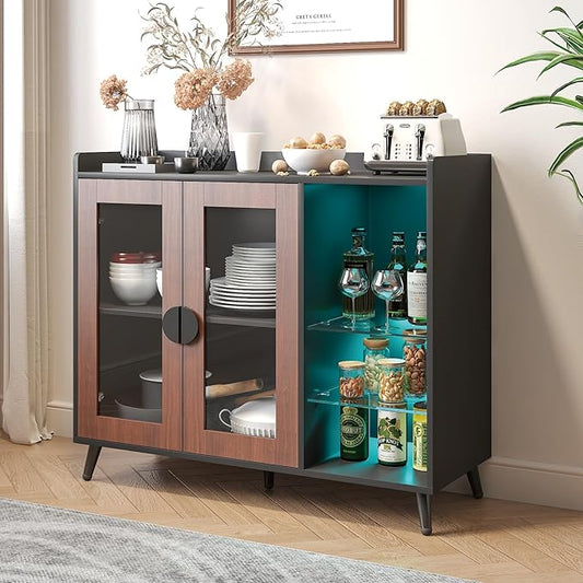 HedoAjim Sideboard Buffet Cabinet with Storage, Farmhouse Buffet Table Coffee Bar Storage Cabinet with 4 Doors, 3 Drawers and Shelves, Sideboard for Dining Room Kitchen (Brown)