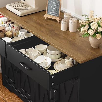 HOSTACK Buffet Cabinet with Storage, 47.2" Kitchen Sideboard Buffet with Drawers, Modern Farmhouse Coffee Bar Station with Shelves, Barn Doors Storage Cabinet for Living Room, Black/Rustic Brown