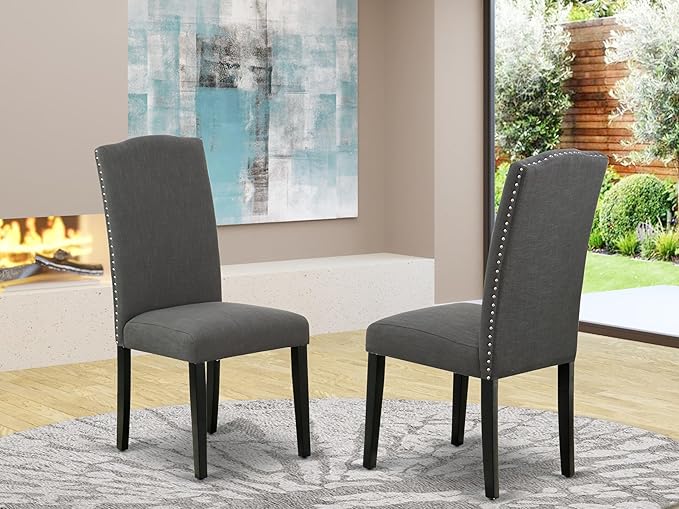 East West Furniture ENP1T20 Encinal Parson Dining Room Chairs - Nailhead Trim Dark Gotham Linen Fabric Padded Chairs, Set of 2, Black