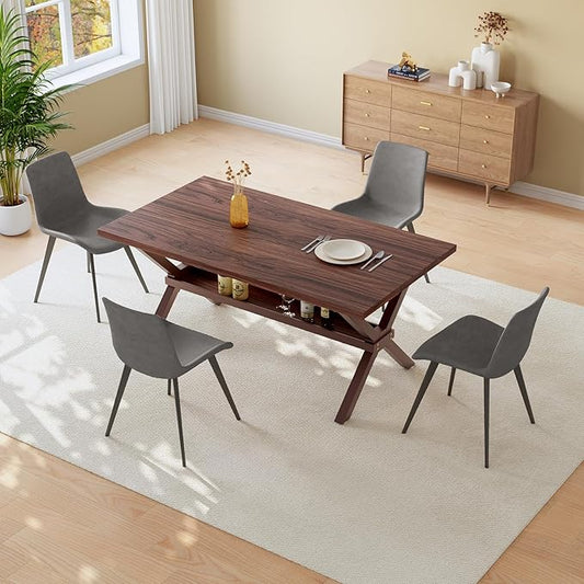 HIPIHOM 63" MDF Dining Table and PU Leather Dining Chairs Set for 4, Heavy Duty Metal Base, Kitchen Tables Ideal for Small Spaces and Everyday Meals