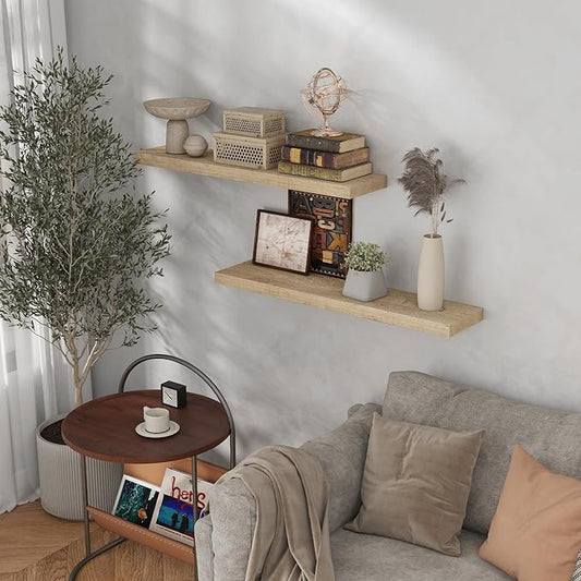 Dreamland Rustic Reclaimed Wall Shelf, Deep Floating Shelves Solid Wood Wall Shelf 7.5 Inch Deep for Storage with Invisible Heavy-Duty Metal Bracket, 36 Inch Width Set of 2, Natural
