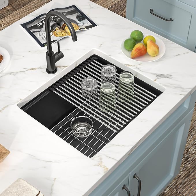 21"x18" Undermount Wet Bar Sink Workstation - Matte Black Granite Composite Quartz Classic Single Bowl Under Counter Small Kitchen Bar Prep RV Sink Basin