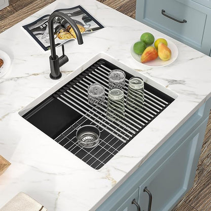 21"x18" Undermount Wet Bar Sink Workstation - Matte Black Granite Composite Quartz Classic Single Bowl Under Counter Small Kitchen Bar Prep RV Sink Basin
