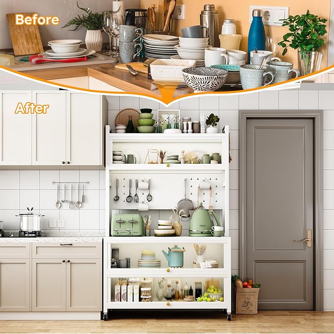 Runboll 65" Bar Cabinet Kitchen Pantry Cabinet Storage with Microwave Shelf 5 Tier Metal Sideboard Baker's Rack Coffee Bar Hutch Buffet Laundry Storage, with Wheels & Hooks