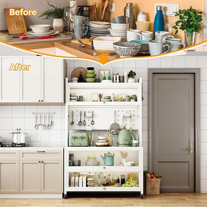 Runboll 65" Bar Cabinet Kitchen Pantry Cabinet Storage with Microwave Shelf 5 Tier Metal Sideboard Baker's Rack Coffee Bar Hutch Buffet Laundry Storage, with Wheels & Hooks