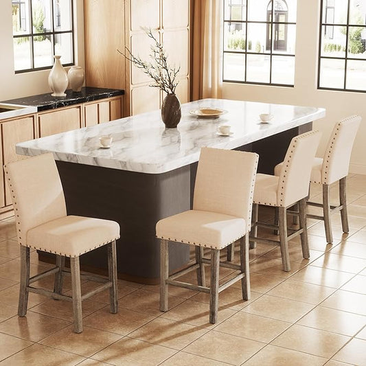 Farmhouse Bar Stools Set of 4,25.5'' Farmhouse Counter Height Stools,Linen Upholstered Rustic Kitchen Barstools with Back and Legs for Kitchen,Bar Island,Dining Room