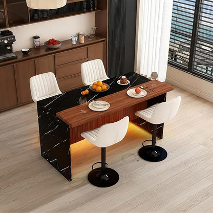 63" Modern Kitchen Island with Marble-Look Surface with 2/4 Bar Stools, Island Table with LED Lights, for Kitchen,Dining Room, Bar, Office, Living Room (Black+4Beige)