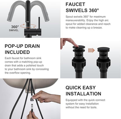 KENES Pull Down Bathroom Faucet with Sprayer, Matte Black Single Handle Bathroom Sink Faucet with Pull Out Sprayer, Vanity Bar Faucet with Pop Up Drain & Deck Plate, KE-9065B-2