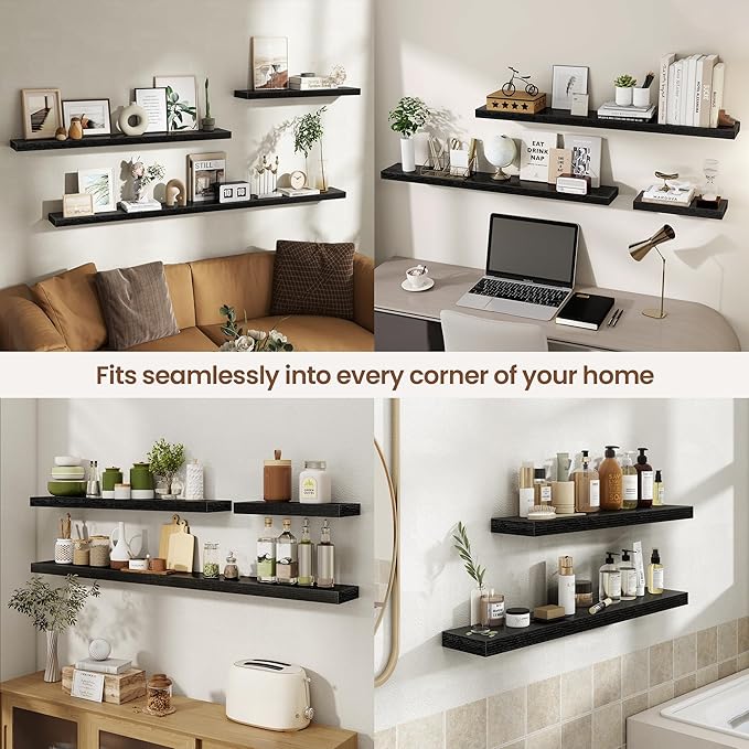 Acovy 24 Inch Floating Shelves for Wall 2 Pack, 24" Wall Shelves for Books, Storage, Decor, Wall Mounted Floating Shelf with Invisible Brackets for Kitchen, Living Room, Black