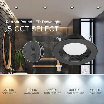 Maxxima 4 in. 5 CCT Retrofit Recessed LED Downlight, 800 Lumens, with E-26 Quick Connect, Color Selectable 2700K-5000K (2700K/3000K/3500K/4000K/5000K), Dimmable, Black Trim